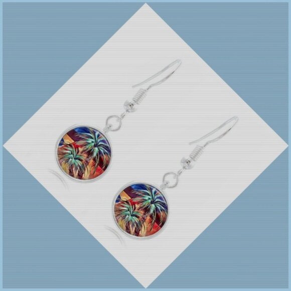 Palm Trees Cabochon Earrings in Silver Tone . Glas - Picture 1 of 4